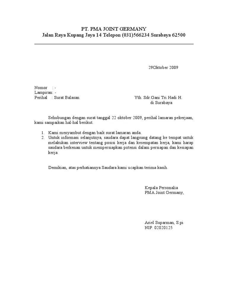 Untuk membuat surat panggilan kerja, ada aturan yang harus ditulis. Contoh Surat Balasan Lamaran Kerja Surat Panggilan Interview Kumpulan Suratku