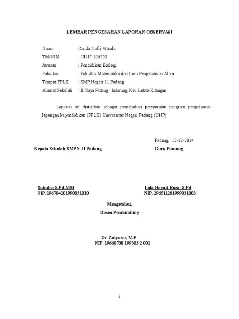 Tanggal 1 juni s/d 10 desember. Lembar Pengesahan Laporan Observasi Pdf