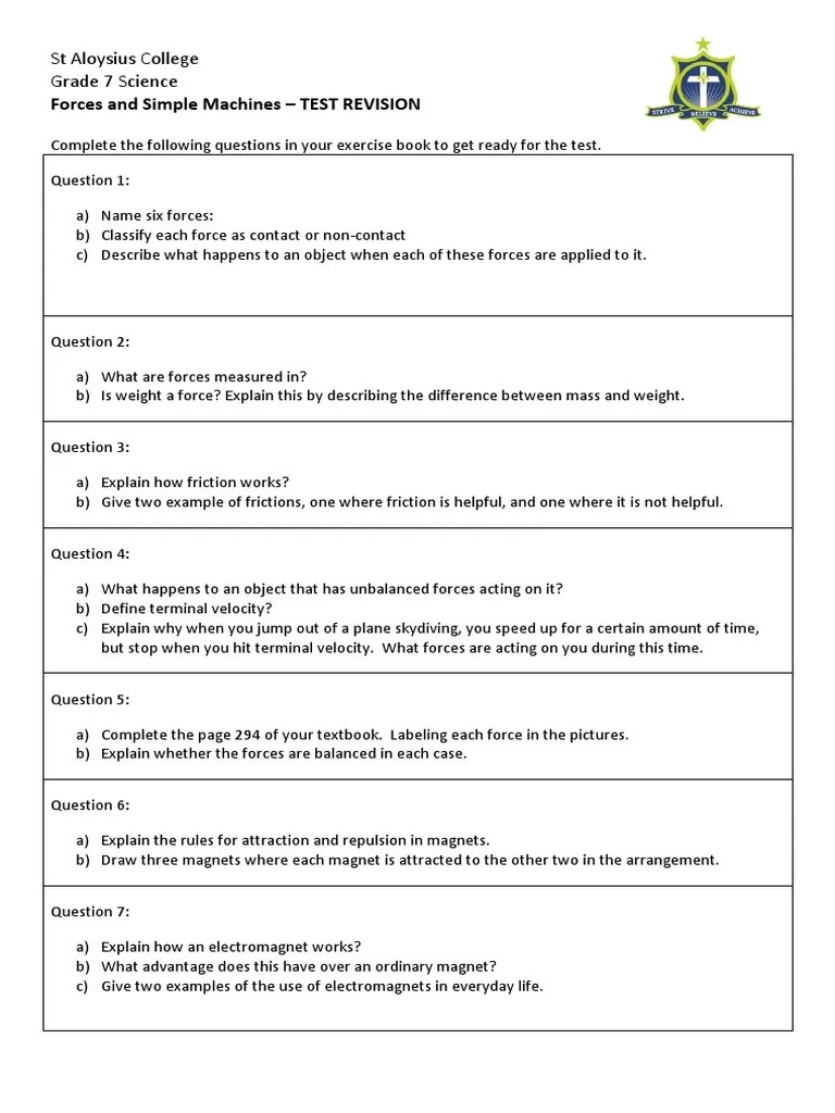 force grade 7 science physics test revision pdf lever force