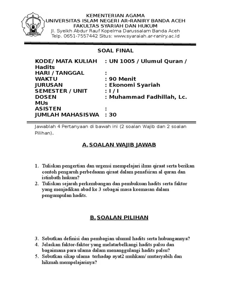 Contoh Soal Final Ulumul Yang Aku Yakin Soal Final Yang Sebenarnya | PDF