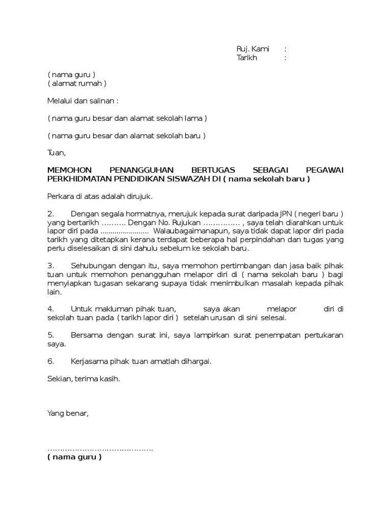 (kepada ketua jabatan yang baharu). Contoh Surat Penangguhan Pdf