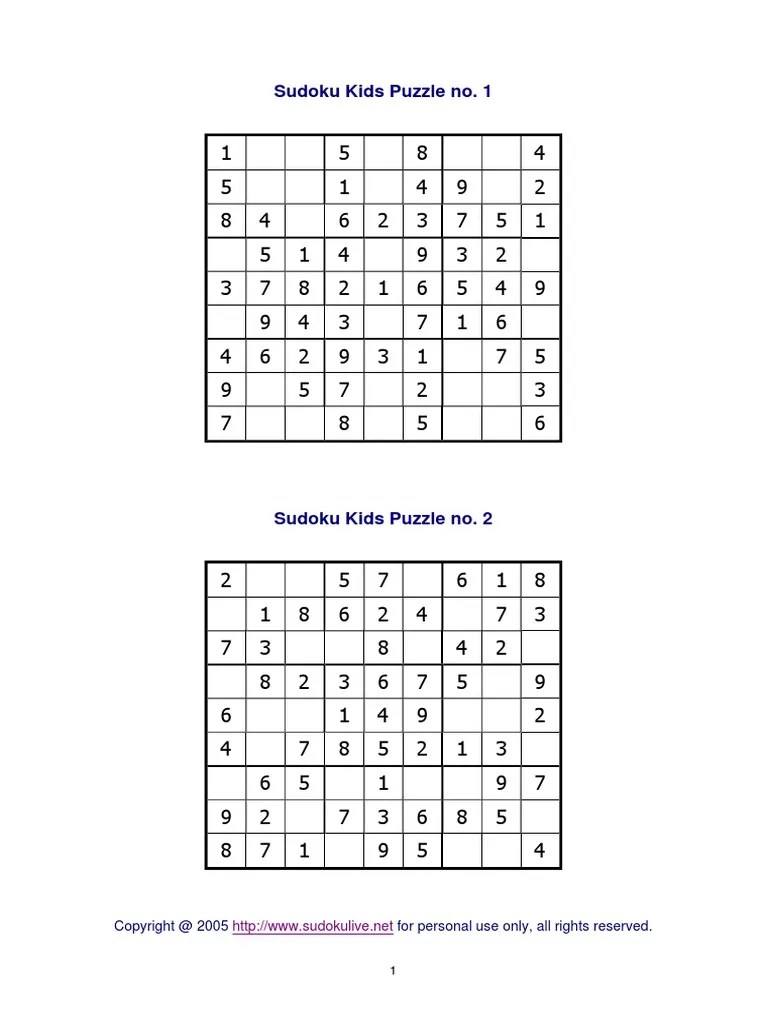 sudoku kids puzzle no 1 for personal use only all rights reserved