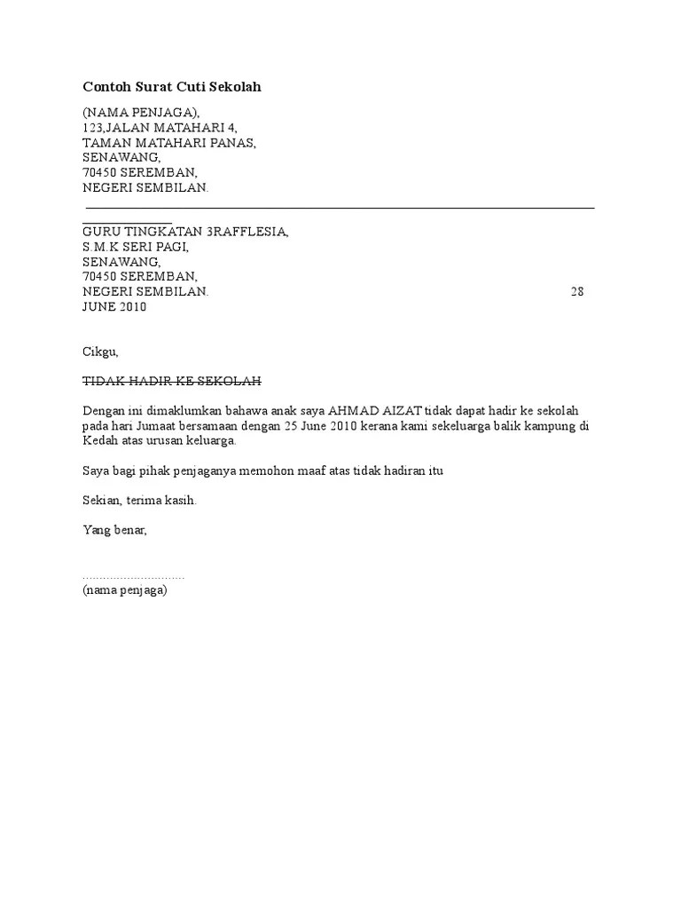 Apr 16, 2022 · kalau contohnya anda pergi buat pemeriksaan anak anda di utc, boleh dapatkan surat cuti sakit, tapi perlulah mendapat pengesahan doktor yang membuat pemeriksaan tersebut. Contoh Surat Memohon Cuti Balik Kampung Meraya
