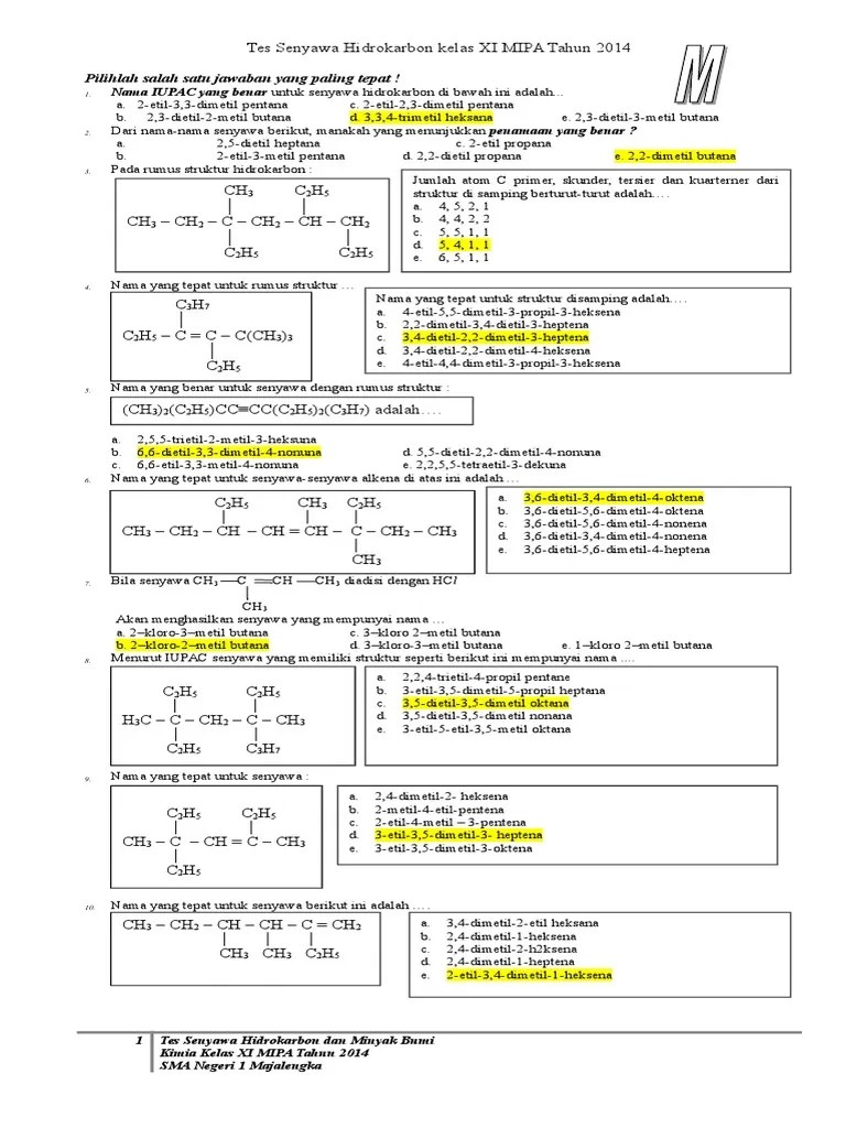 KUNCI Tes Senyawa Hidrokarbon Kelas XI MIPA Tahun 2014 | PDF