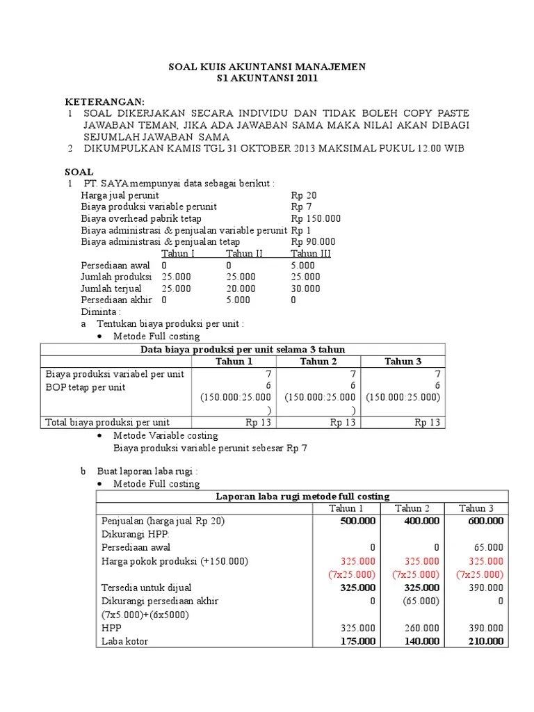 Jawaban contoh soal metode direct costing. Contoh Soal Dan Jawaban Akuntansi Biaya Full Costing Dan Variable Costing Contoh Soal Pelajaran