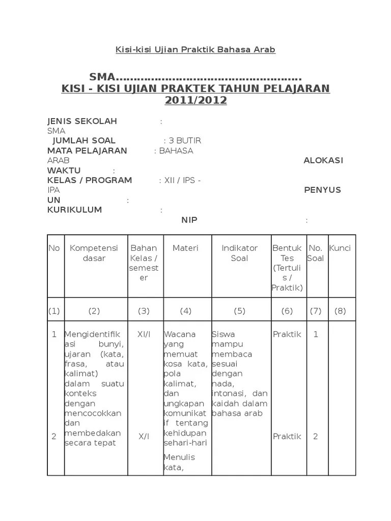 Mata pelajaran yang diujikan praktikkan 1. Kisi Kisi Ujian Praktek Bahasa Arab Pdf