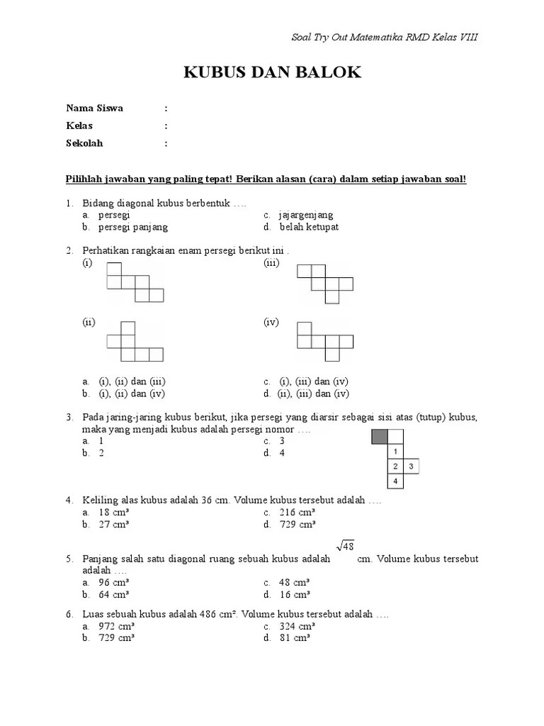 06.05.2018 · soal matematika kelas 4 sd bab 8 pecahan dan kunci jawaban keterangan soal : Soal Kubus Dan Balok Rudi