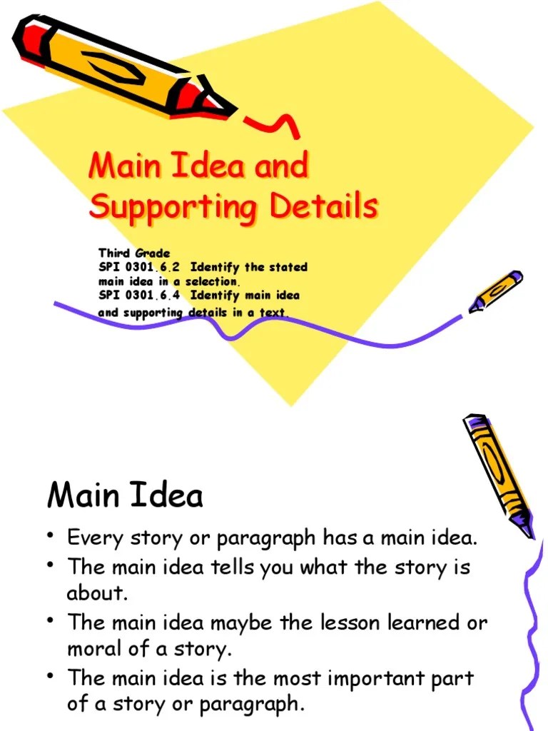 Basic application of skills & concepts lafs.4.ri.1.3 explain events, procedures, ideas, or concepts in a historical, scientific, or technical text, including what happened and why, based on specific information in the text. Main Idea And Supporting Details Pdf