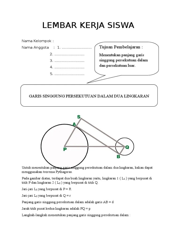 garis k menyinggung kedua lingkaran di titik a dan b. Lks Garis Singgung Persekutuan Dalam Pdf