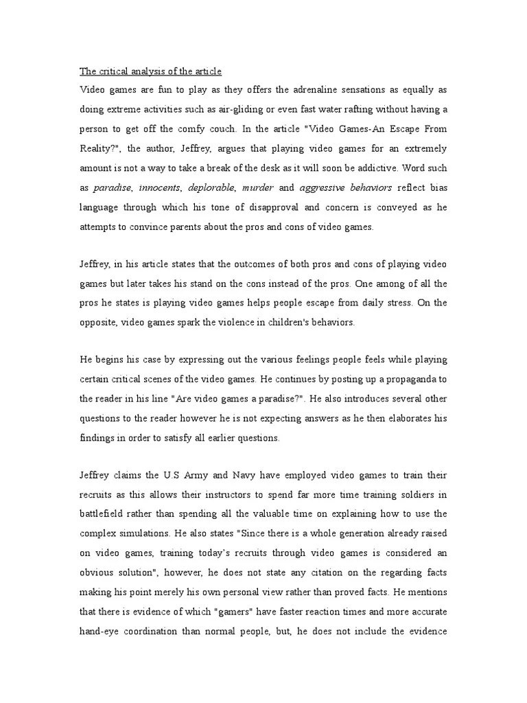 View elc501 written article analysis.docx from elc 501 at universiti teknologi mara. Elc 501 Pdf Argument Video Games