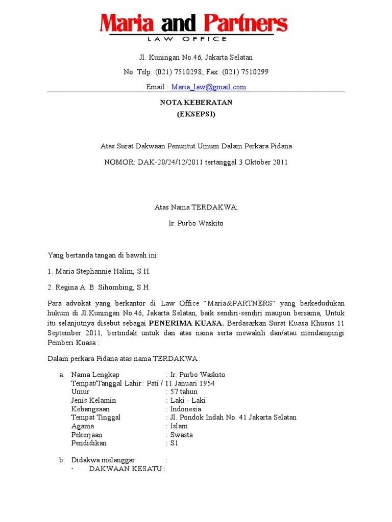 Pengadilan tindak pidana korupsi pada pengadilan tinggi medan yang. Contoh Nota Keberatan Pdf