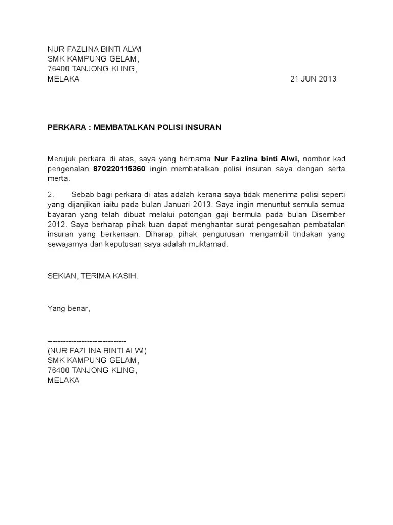 Contoh Surat Rasmi Pembatalan Insurans Chubb