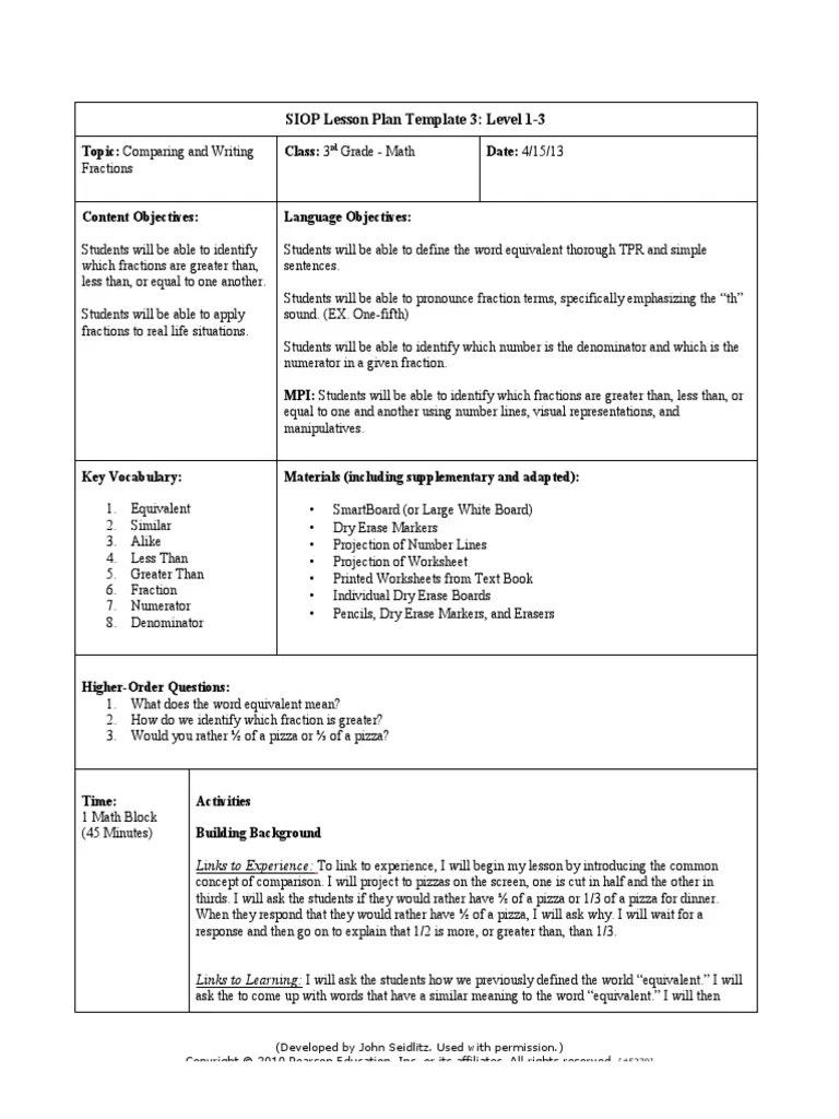 Looking for a comprehensive curriculum that off. 1 Siop Lesson Plan 1 3 Pdf Fraction Mathematics Worksheet