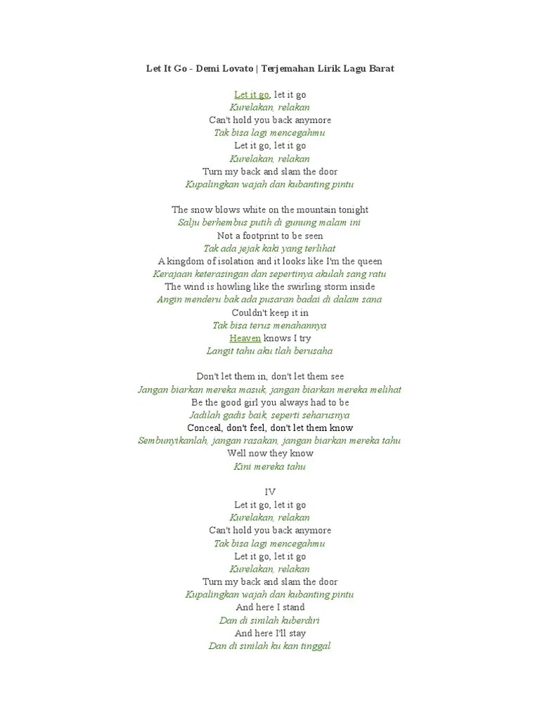 Salju berkilauan di gunung malam ini. Lirik Lagu Let It Go Pdf