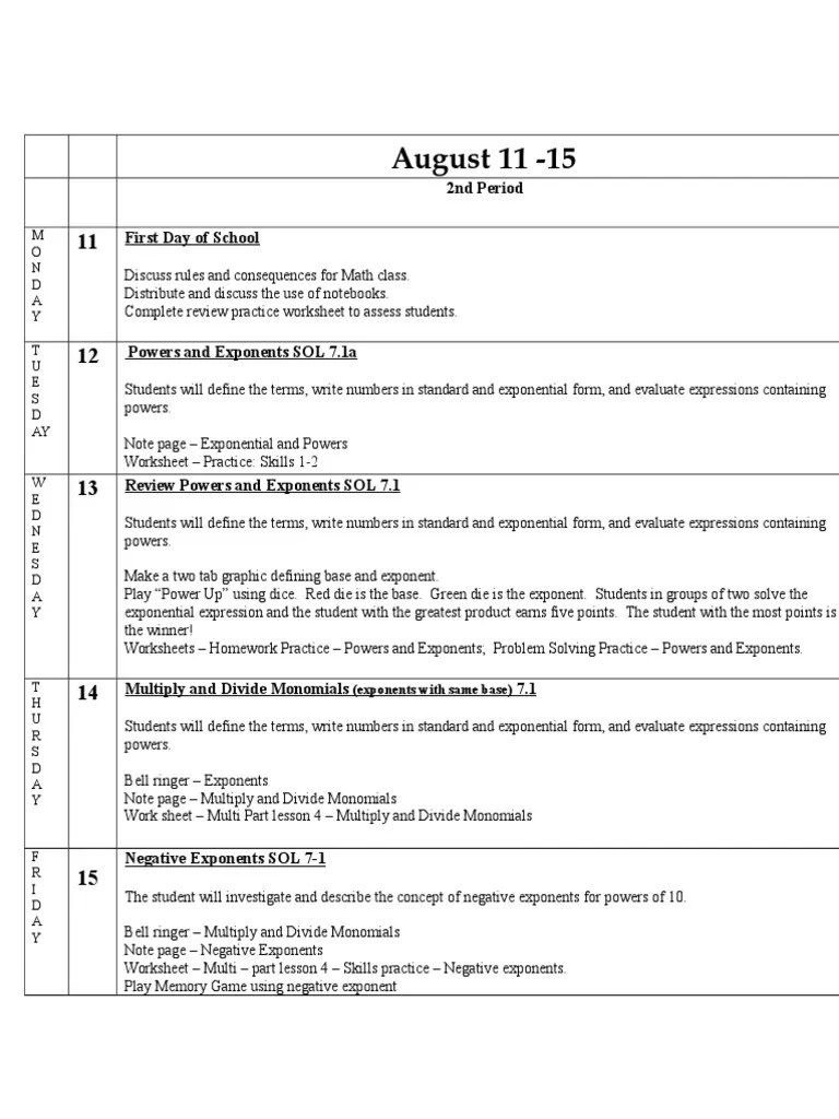 Solve word problems by comparing powers of ten. Lessonplanbooktemplate 2014 Math 7 Week 1 8 8 14 Pdf Exponentiation Multiplication