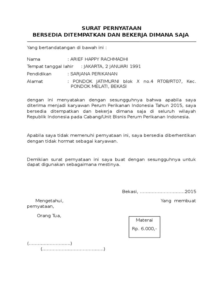 Yang bertanda tangan dibawah ini : Surat Pernyataan Bersedia Ditempatkan Dimana Saja