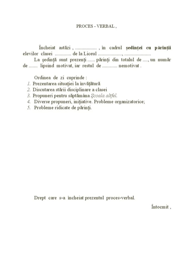 Încheiat astăzi……………….,în cadrul şedinţei cu părinţii elevilor clasei a … Proces Verbal Sedinta Cu Parintii Pdf