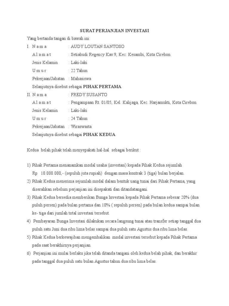 Contoh surat perjanjian sewa lokasi pemasangan papan iklan pada hari ini . Surat Perjanjian Investasi Pdf