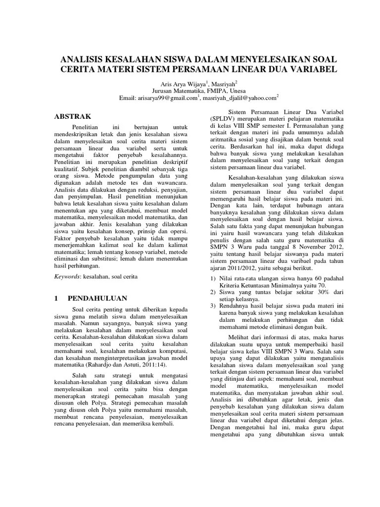 11.01.2018 · artikel ini menyajikan kumpulan contoh soal tentang pertidaksamaan linear satu variabel beserta pembahasannya lengkap dengan gambar grafik … Analisis Kesalahan Siswa Dalam Menyelesaikan Soal Cerita Materi Sistem Persamaan Linear Dua Variabel Pdf