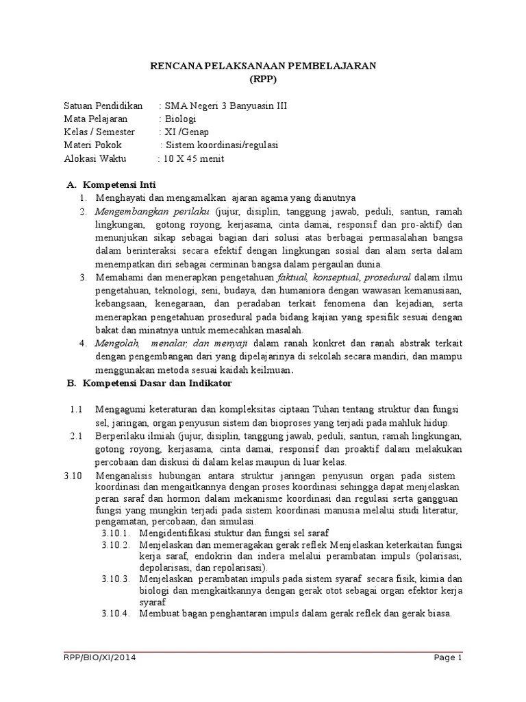 Materi pelajaran kelas xi ipa yaitu sistem koordinasi sub pokok. Rpp Sistem Koordinasi Pdf