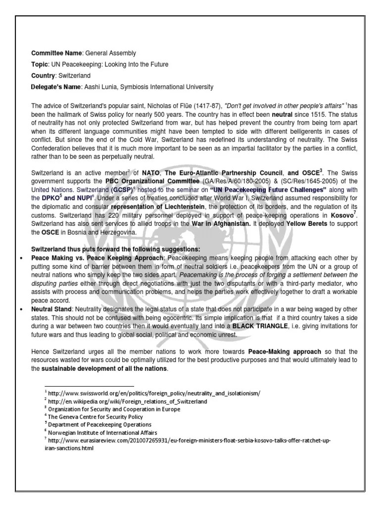 Entdecke rezepte, einrichtungsideen, stilinterpretationen und andere ideen zum ausprobieren. Sample Position Paper For Mun Pdf Peacekeeping Switzerland