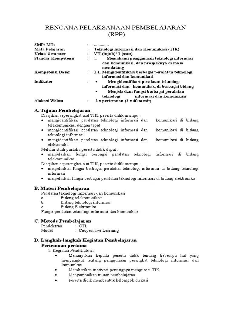 Rencana pelaksanaan pembelajaran (rpp) smp/ mts : Rpp Tik Kelas 9 Smp Berkarakter