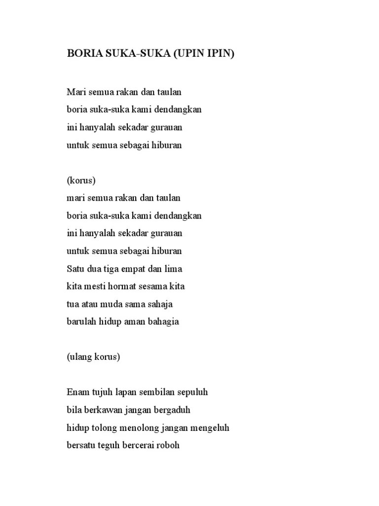 Boria Suka-Suka Upin Ipin (Lirik) | PDF