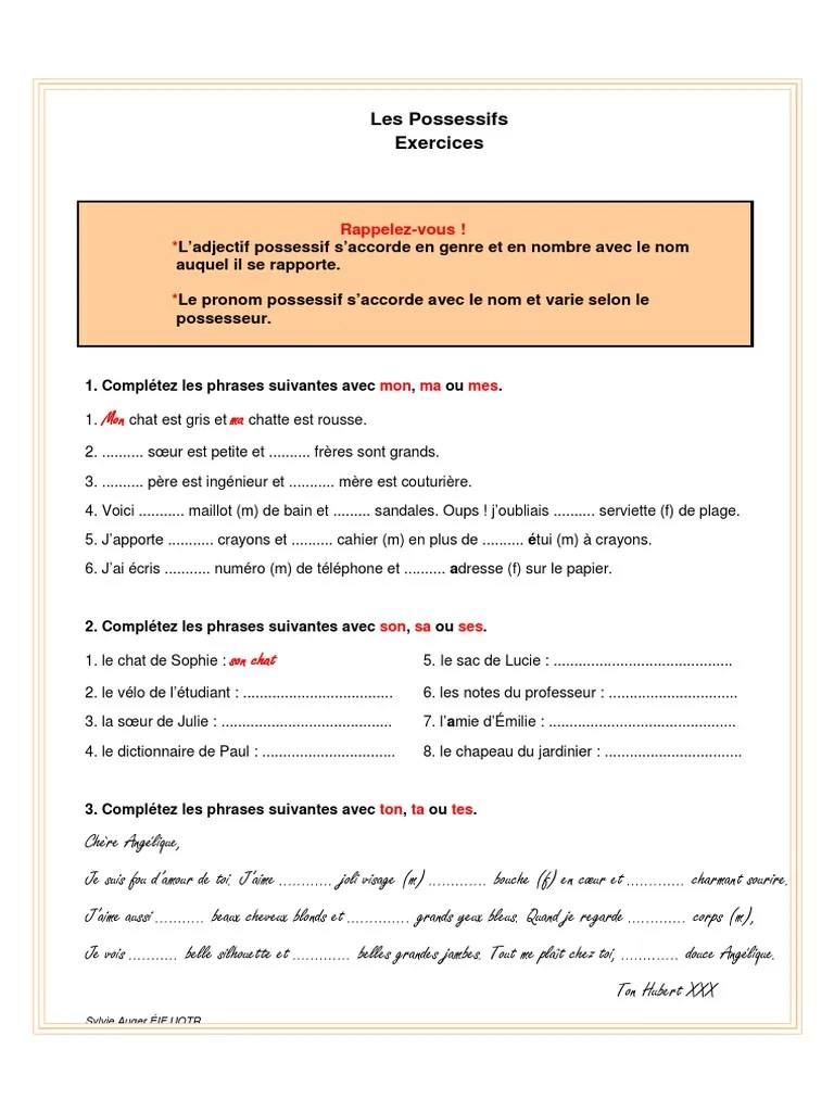 curent Personal Dim adjectifs possessifs exercices à imprimer -  globalmotorcyclerides.com