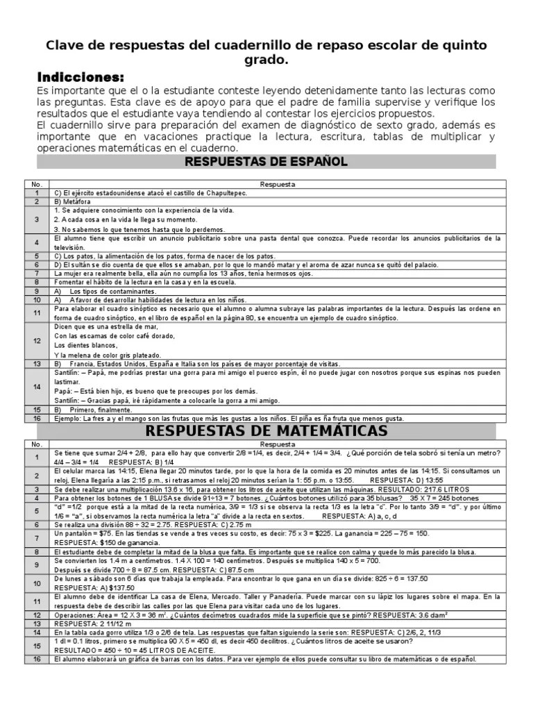 Descarga la guía santillana 5 (quinto grado de primaria) completa y contestada. Clave De Respuestas Del Cuadernillo De Repaso Escolar De Quinto Grado Lectura Proceso Science