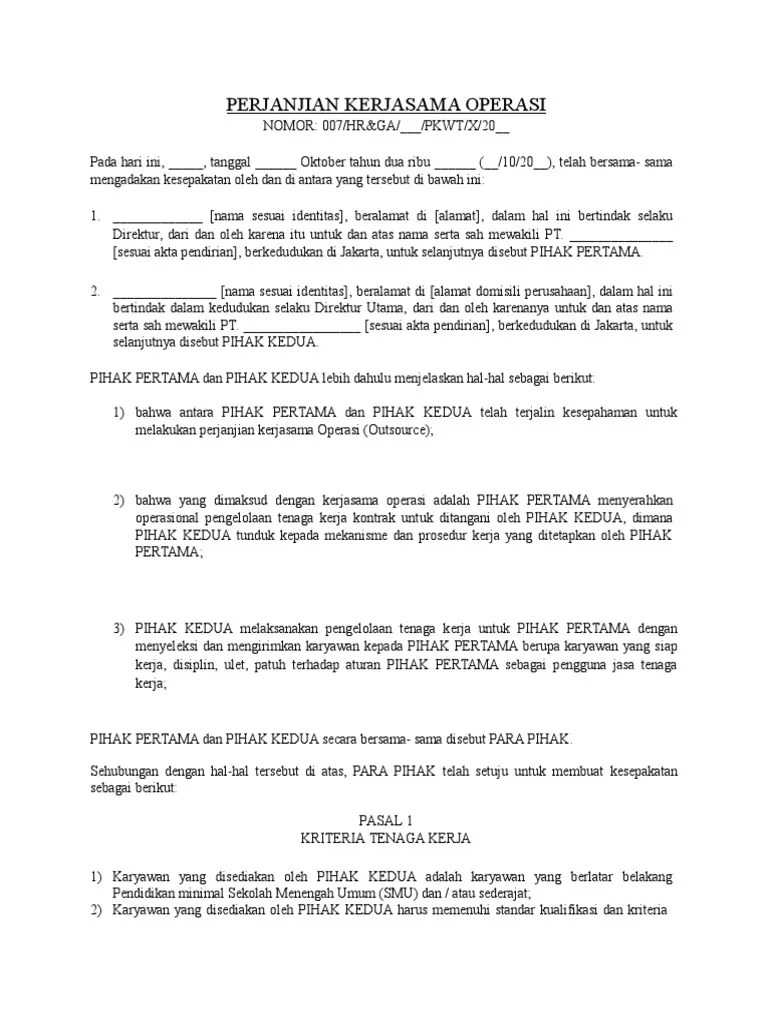 Contoh surat kontrak kerja karyawan swasta sesuai peraturan. Perjanjian Kerjasama Outsource Pdf