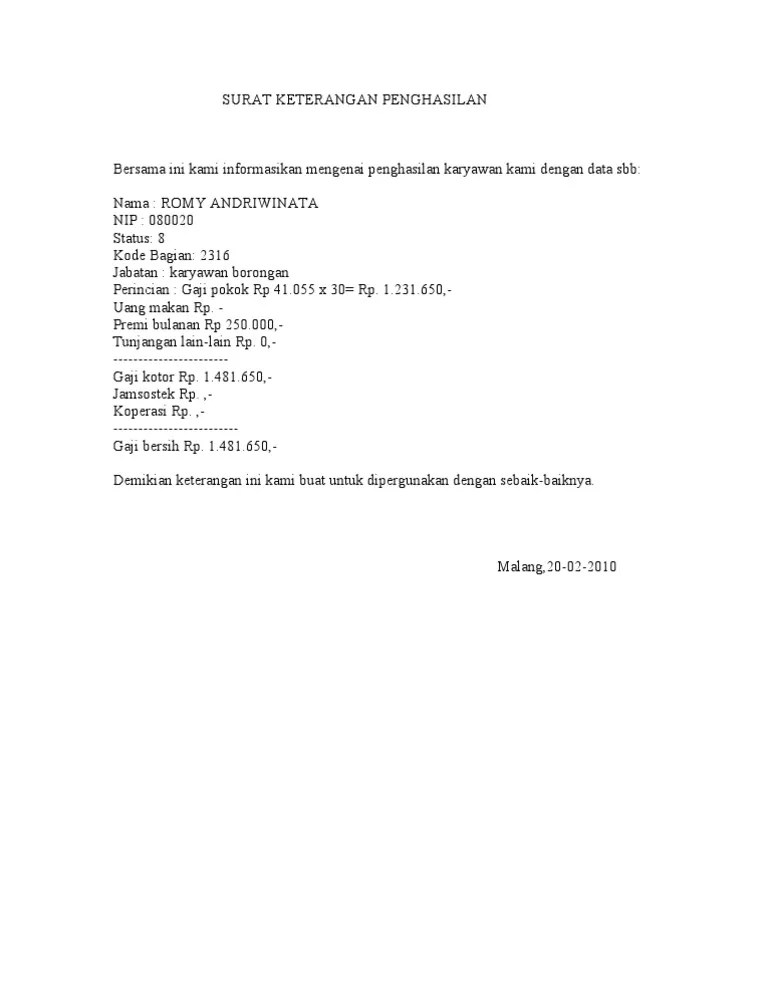 Dilaksanakan secara manual dan ditandatangani oleh. Surat Keterangan Penghasilan Pdf