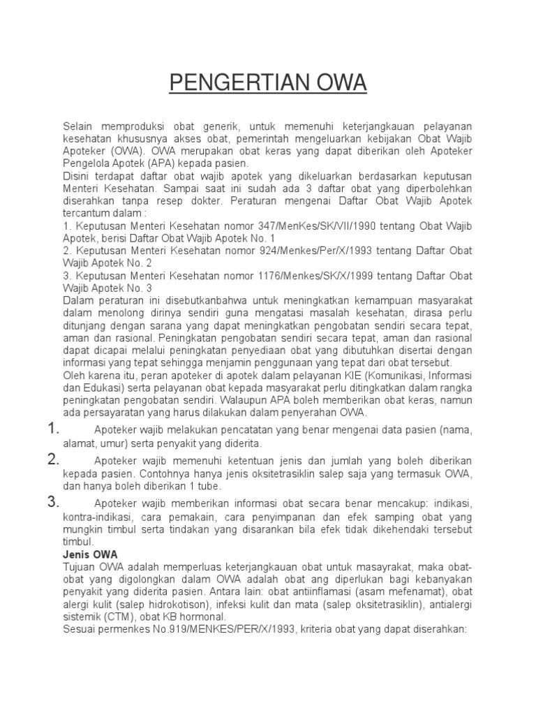 Pengertian Obat Wajib Apotek. Obat Wajib Apoteker (OWA) - OWA Merupakan  Obat Keras Yang Dapat Diberikan Oleh Apoteker Pengelola Apotek (APA) Kepada  Pasien. | PDF