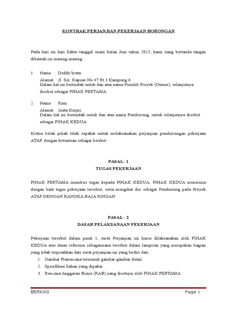 Doc contoh surat perjanjian kerja kontrak kerja karyawan perusahaan surat desain banner blog. Surat Kontrak Perjanjian Pekerjaan Borongan Atap Pdf