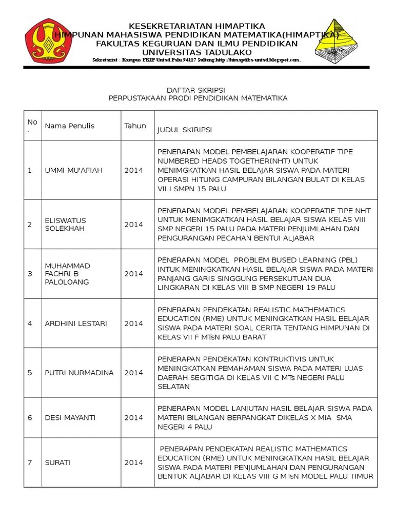Creative problem solving (cps) berbantuan cd interaktif terhadap kemampuan. Daftar Judul Skripsi Pendidikan Matematika Pdf