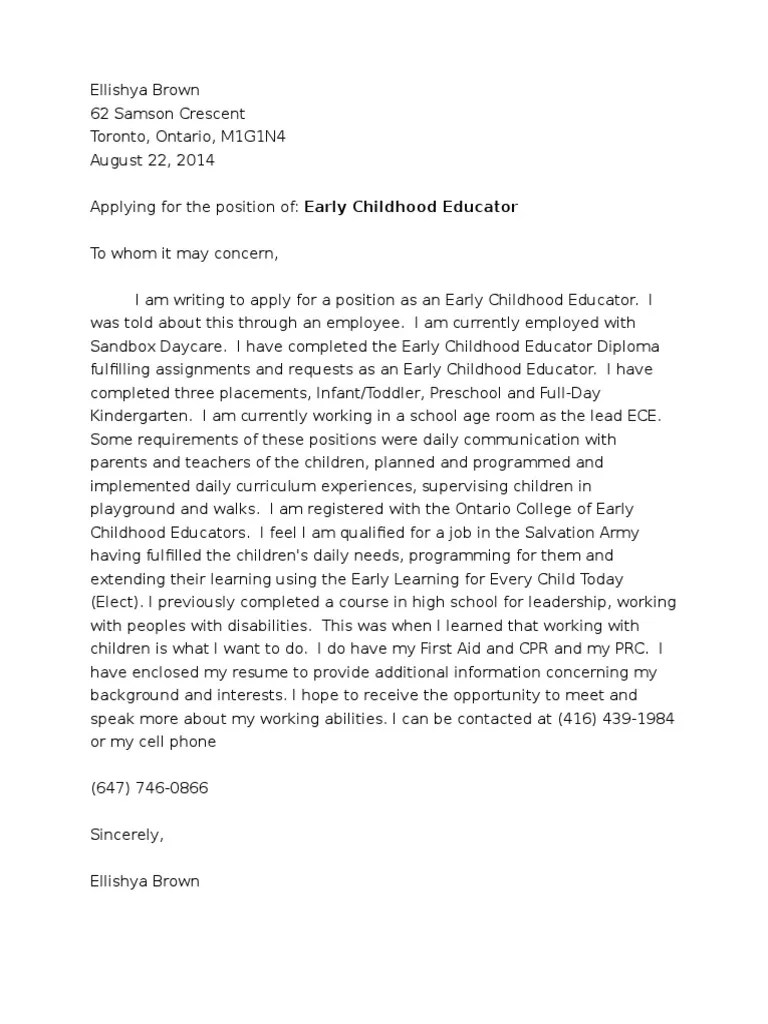 Here are some of the best cover letter examples, including one submitted to us at hubspot. Cover Letter Salvation Army Pdf Early Childhood Education Preschool