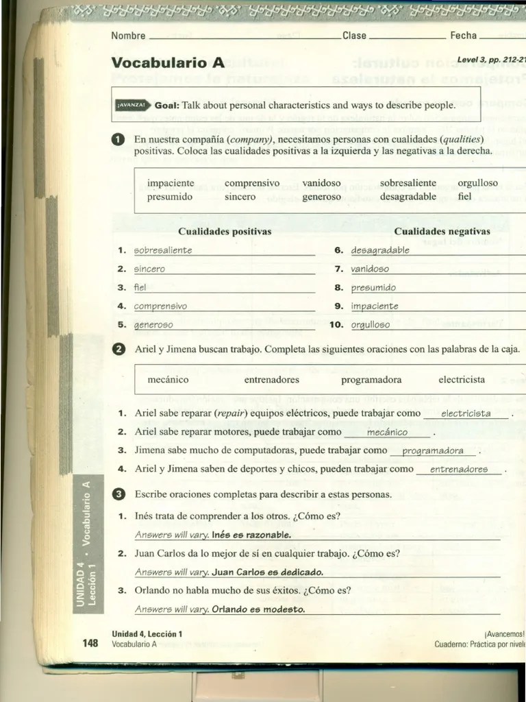 Check your answers using the answer keys. Cuatro Uno Work Book Keys Pdf Reglas Mecanica Del Lenguaje