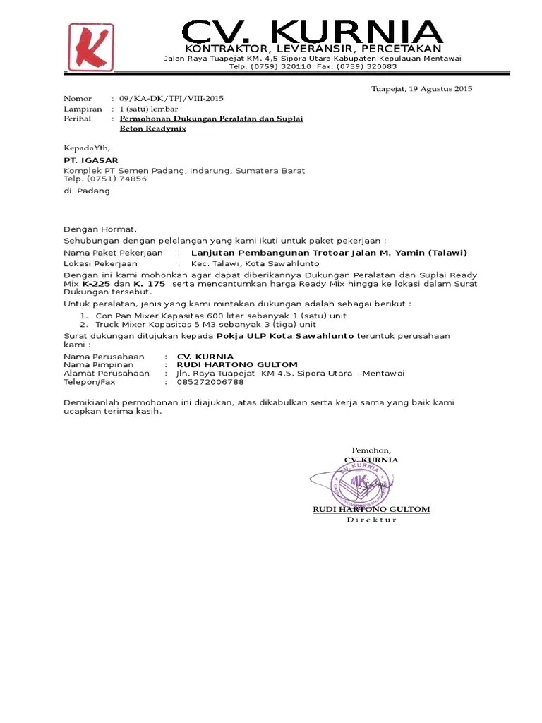 Bentuk surat penawaran peserta badan usaha tunggal/kso. Contoh Surat Dukungan Peralatan Kerja Download Contoh Surat Terbaik