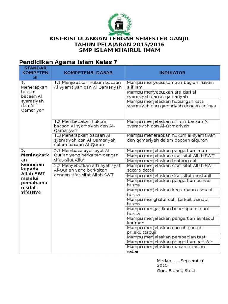 Soal ini sudah dilengkapi dengan kunci jawaban. Kisi Kisi Uts Pendidikan Agama Islam Kelas 7 2015 2016
