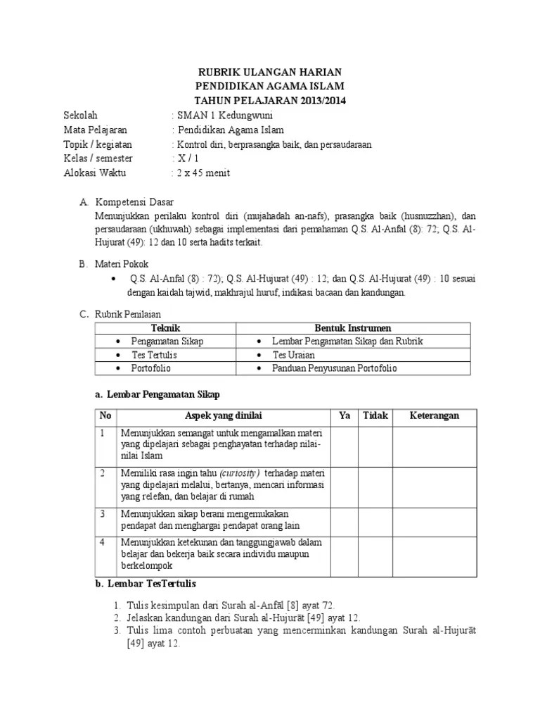 Download format penilaian kurikulum 2013 . Rubrik Pendidikan Agama Islam Pdf