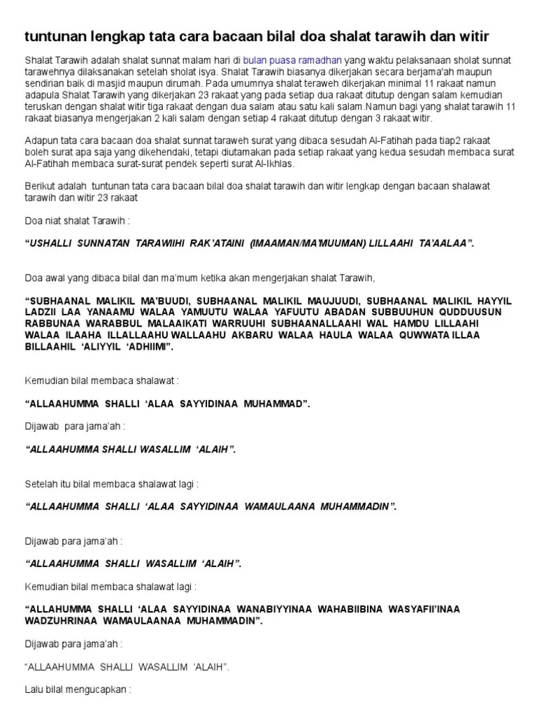 Tuntunan Lengkap Tata Cara Bacaan Bilal Doa Shalat Tarawih Dan Witir | PDF