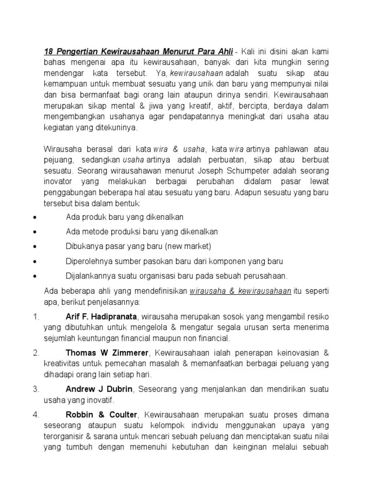 18 Pengertian Kewirausahaan Menurut para Ahli | PDF