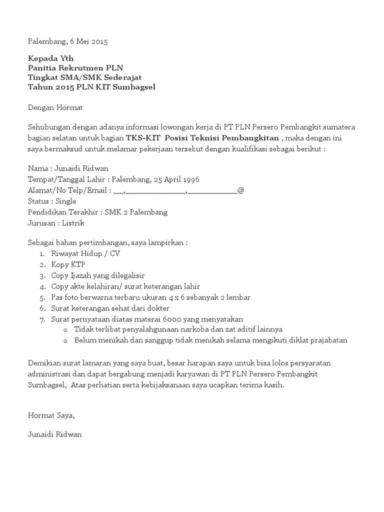 Saya yang bertanda tangan dibawah ini : Contoh Lamaran Kerja Pln Pdf