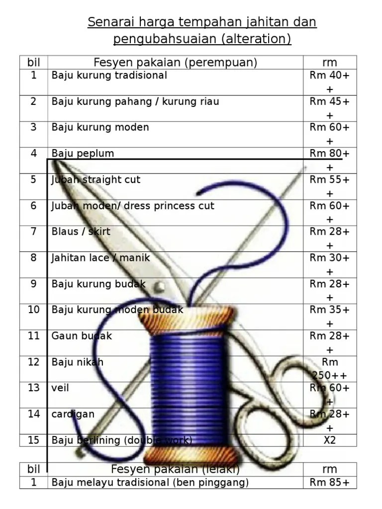 Baju kurung biasa jahit tindih kasih: Senarai Harga Tempahan Jahitan Dan Pengubahsuaian Pdf