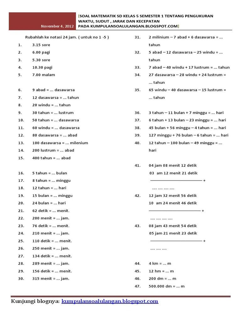 Jarak = kecepatan x waktu. Soal Matematik Sd Kelas 5 Semester 1 Tentang Pengukuran Waktu Pdf