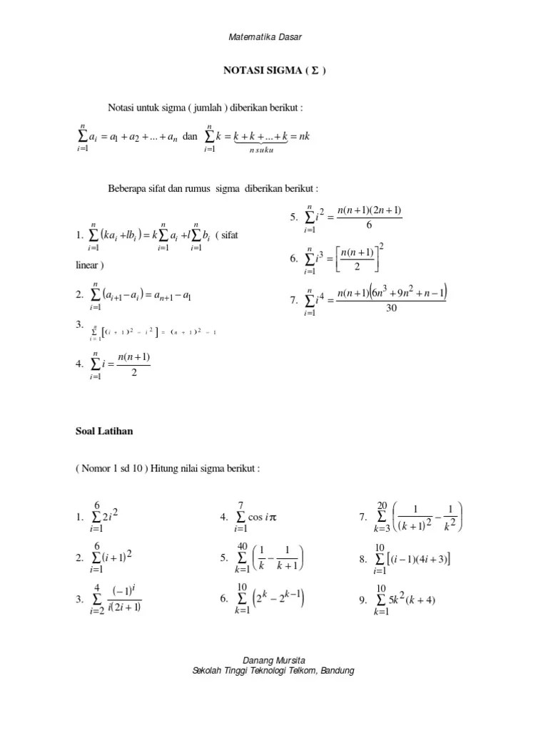 Jika c adalah bilangan real (konstanta) dan fᵢ adalah rumus dari suatu deret/barisan bilangan . Modul Matematika Notasi Sigma Pdf