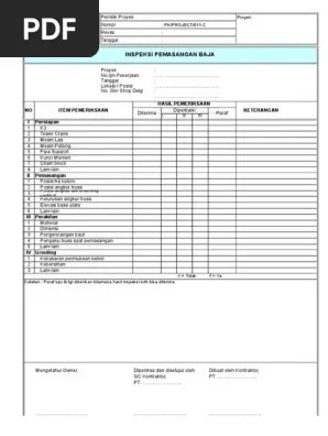 Laboratorium/instansi yang melakukan evaluasi perhitungan pekerjaan konstruksi baja ; Form Inspeksi Pemasangan Baja Pdf