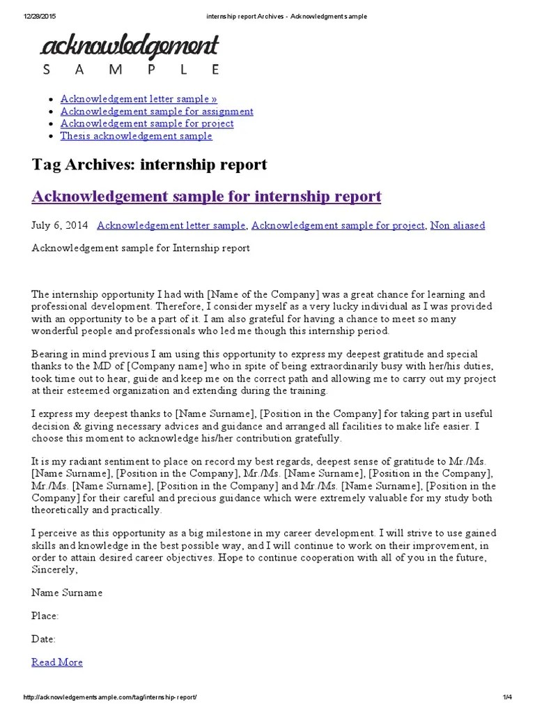 This report describes and explains my journey of internship training . Internship Report Archives Acknowledgment Sample Pdf Thesis