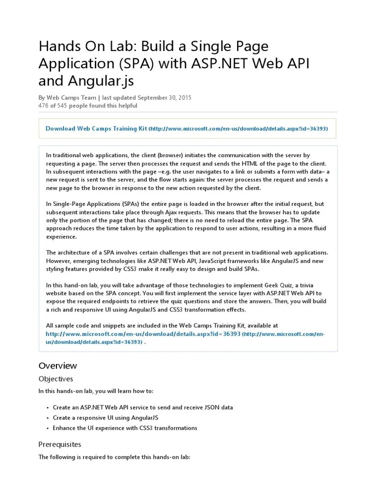Ask questions and get answers from people sharing their experience with risk. Hands On Lab Build A Single Page Application Spa With Asp Ne Pdf Angular Js Software Engineering