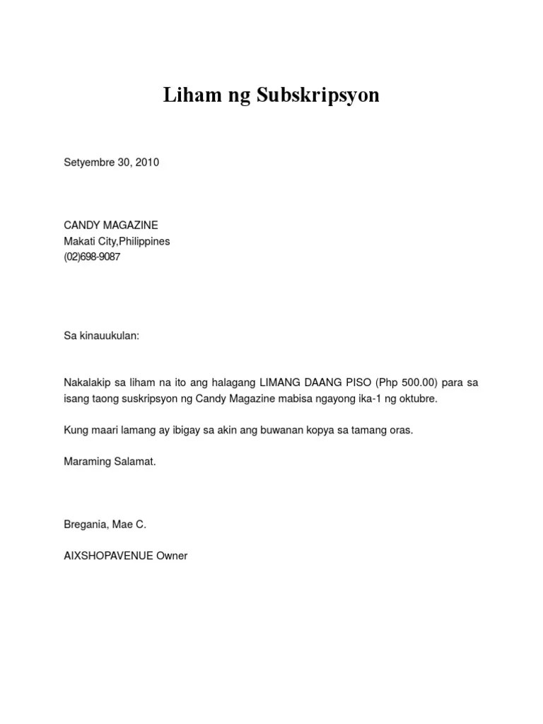Mga halimbawa ng liham ng pagbati. Liham Ng Subskripsyon