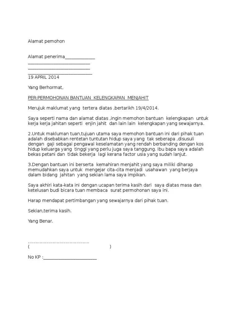 Perusahaan menyediakan peralatan kerja yang sesuai untuk digunakan karyawan dalam pelaksanaan tugasnya. Contoh Surat Permohonan Bantuan Kelengkapan Menjahit Pdf